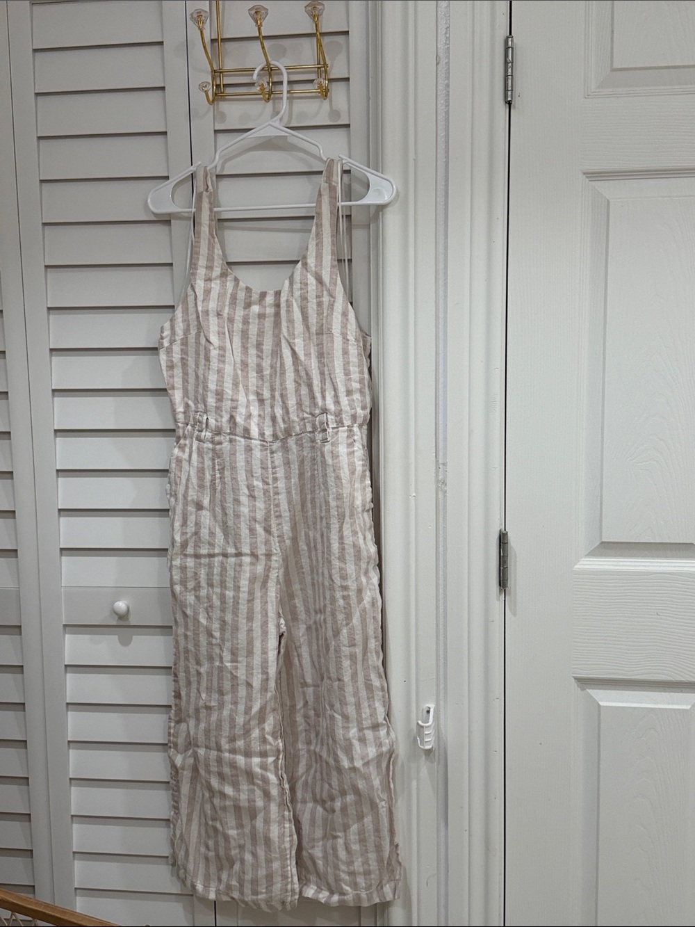 Striped Sleeveless Linen Jumpsuit in Beige and White